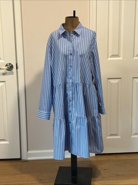 Chico’s Blue & White Striped Button-Down Tiered Shirt Dress size 4 US 20